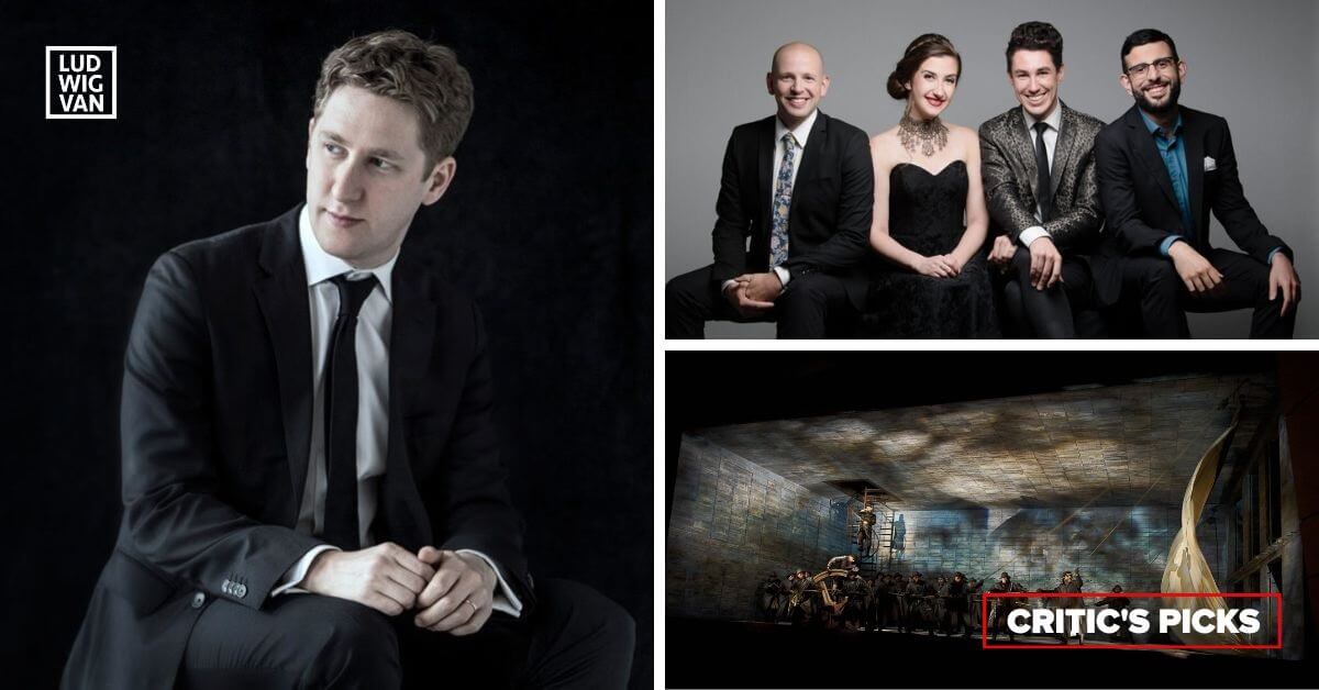 L-R (clockwise): Joshua Weilerstein (Image courtesy of the artist); The Ladom Ensemble: Adam Campbell, percussion; Beth Silver, cello; Michael Bridge, accordion; Pouya Hamidi, piano (Image courtesy of the WMCT); A scene from the Canadian Opera Company’s production of The Flying Dutchman, 2010 (Photo: Michael Cooper)