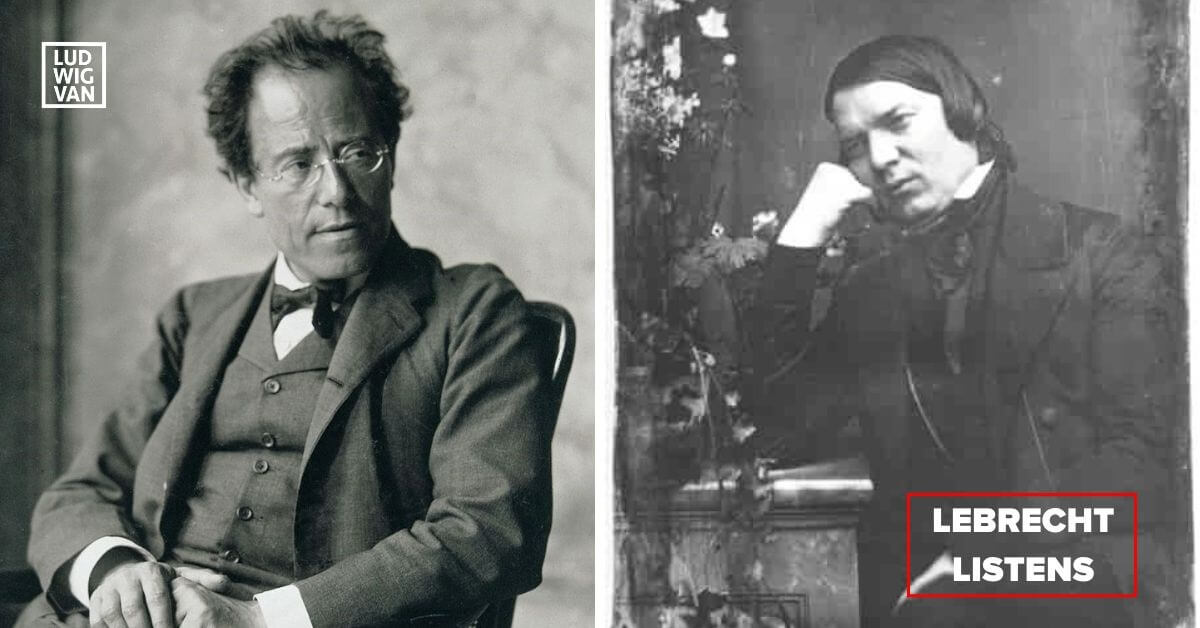 Gustav Mahler, photographed in 1907 by Moritz Nähr in the foyer of Vienna's opera house, at the end of his period as director of the Vienna Hofoper (Public domain); Robert Schumann, daguerreotype 1850 by Johann Anton Völlner (Public domain)