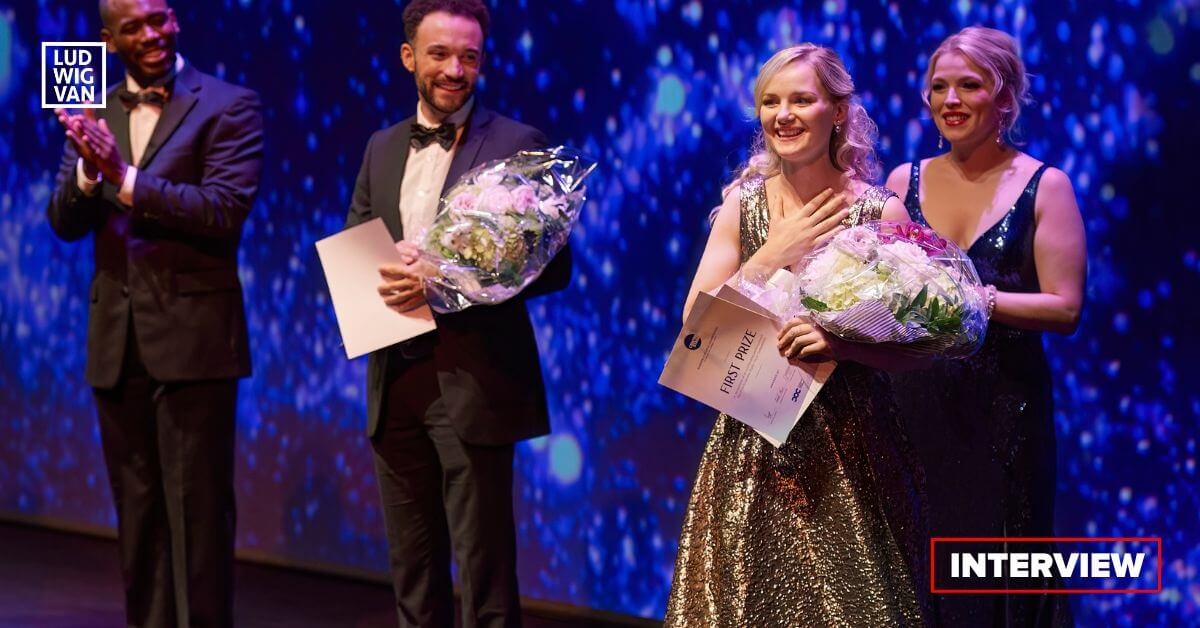 On stage at the Centre Stage: Ensemble Studio Competition, 2022 L-R: third prize winner Wesley Harrison, first prize winner Karoline Podolak, Laura Nielsen (Photo: Michael Cooper)
