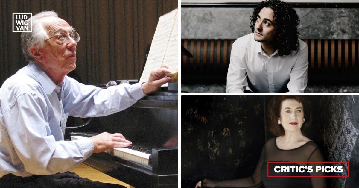 L-R (clockwise): The late composer John Beckwith (Photo courtesy of UofT); Conductor Kerem Hasan (Photo courtesy of the TSO); Pianist Imogen Cooper (Photo courtesy of the RCM)