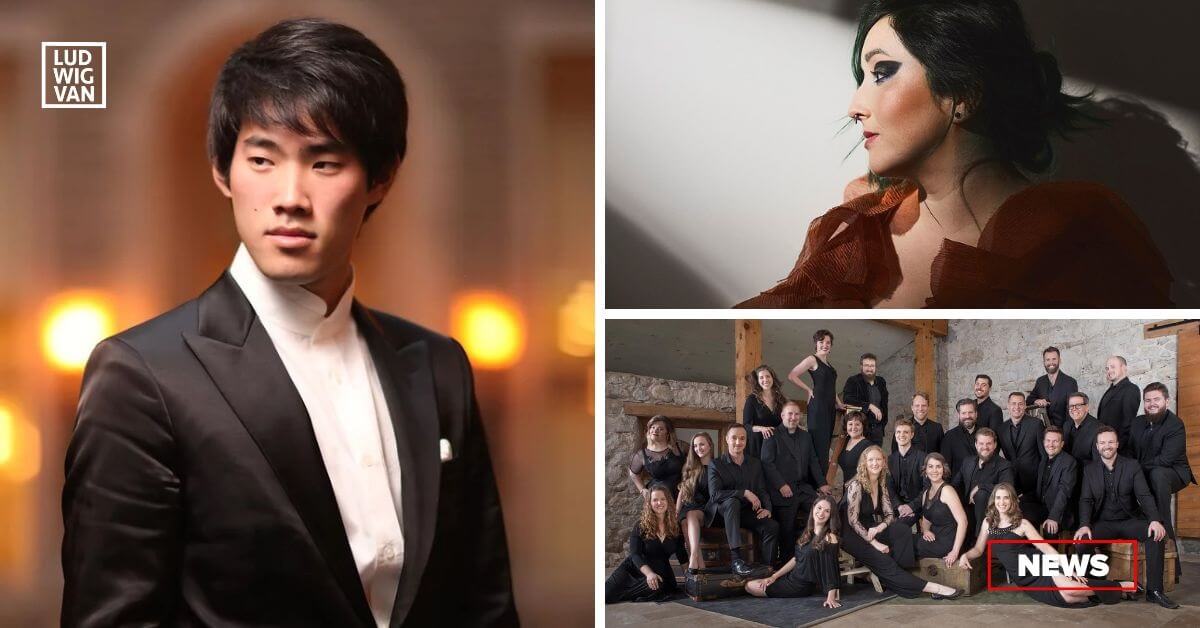 L-R (clockwise): Bruce Liu (Photo: Yanzhang); Composer Bekah Simms (Photo: @Riley Stewart Photography/CC BY-SA 4.0/cropped); The Elora Singers (Photo courtesy of the ensemble)