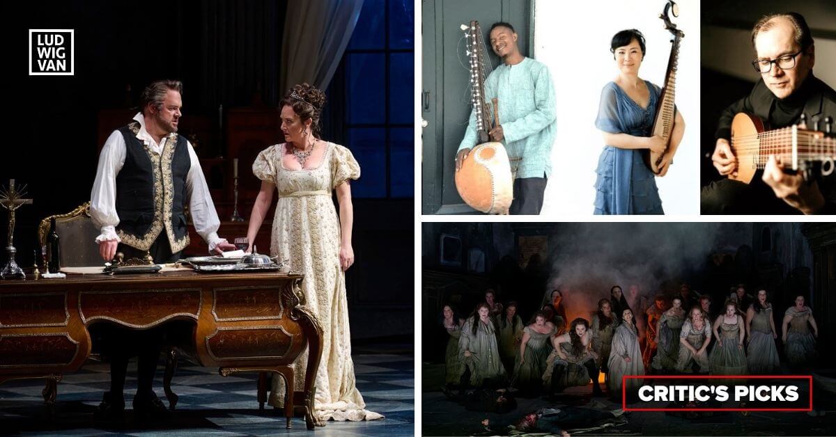 L-R (clockwise): Roland Wood as Scarpia and Sinéad Campbell-Wallace as Tosca in the Canadian Opera Company’s production of Tosca, 2023 (Photo: Michael Cooper); Lute Legends (Photo courtesy of the Small Ensembles Festival); The witches from the Canadian Opera Company’s Macbeth (Photo: Michael Cooper)