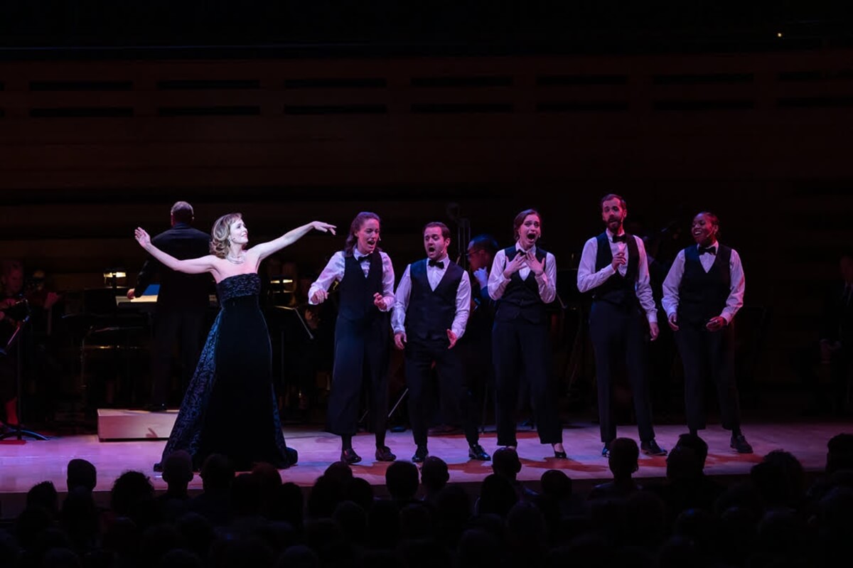 Cynthia Dale as Desirée Armfeldt with Liebeslieder singers (L-R) Lillian Brooks (Mrs. Anderssen), Marcel d’Entremont (Mr. Erlanson), Elena Howard-Scott (Mrs. Segstrom), Colin Mackey (Mr. Lindquist), and Jonelle Sills (Mrs. Nordstrom) (Photo: Lisa Sakulensky Photography)