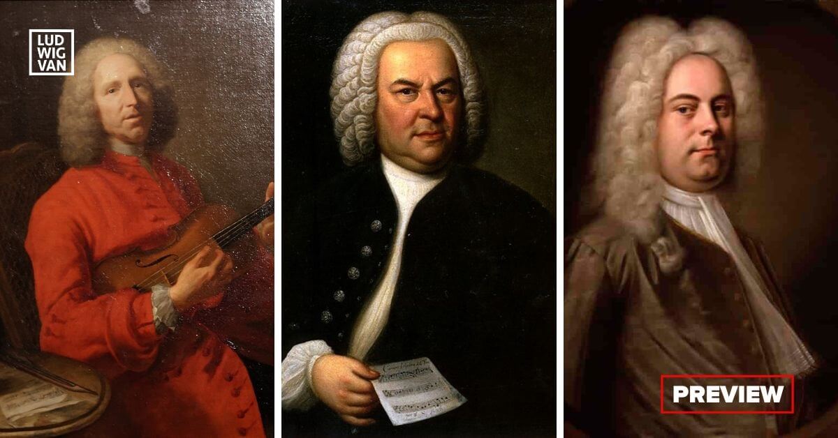 Jean-Philippe Rameau by Joseph Aved, 1728 (Photo: Yelkrokoyade/CC BY-SA 4.0); J.S. Bach (Public domain); George Friderich Händel, about 1726–1728 by Balthasar Denner (National Portrait Gallery/CC BY NC ND 3.0)