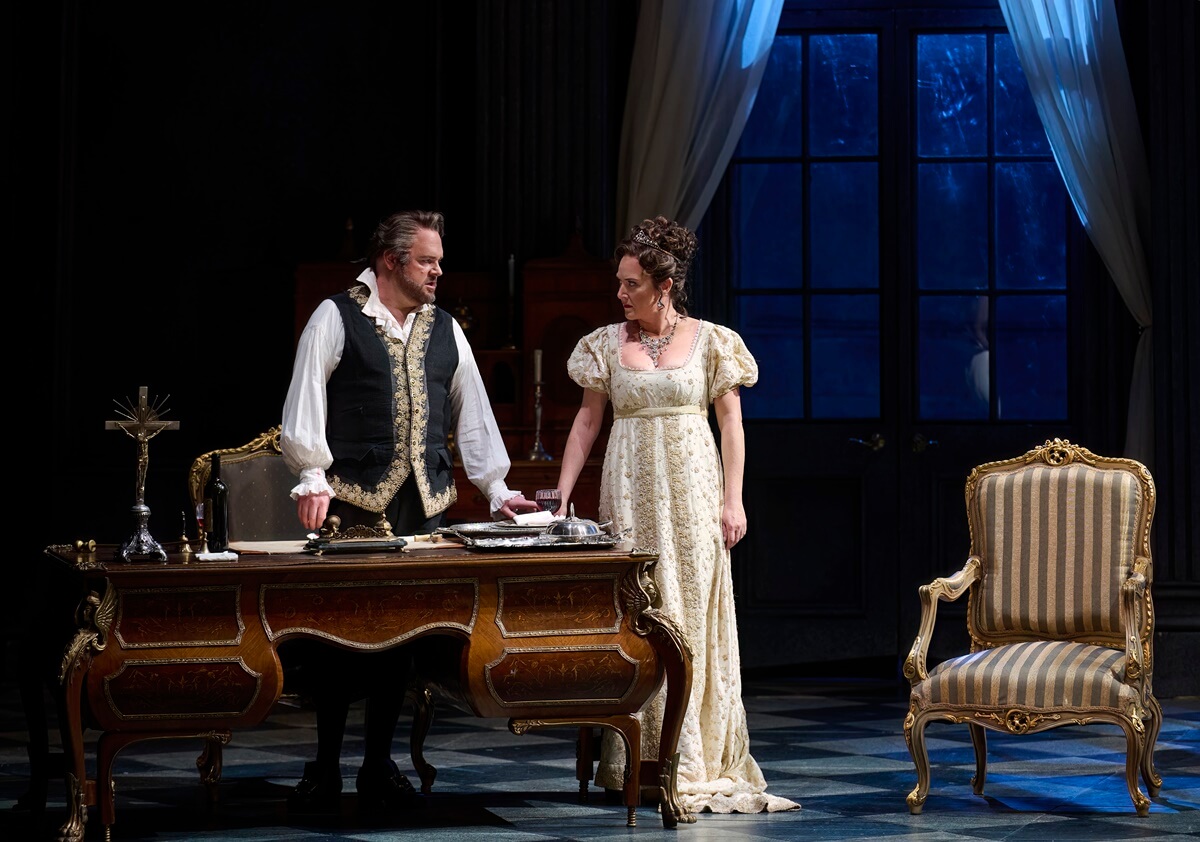 Roland Wood as Scarpia and Sinéad Campbell-Wallace as Tosca in the Canadian Opera Company’s production of Tosca, 2023 (Photo: Michael Cooper)