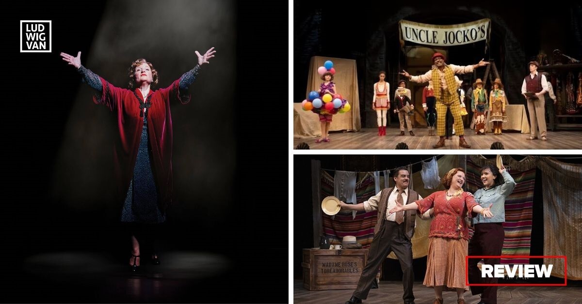 L-R (clockwise): Kate Hennig (Photo: Peter Andrew Lusztyk); Allan Louis as Jocko and Kevin McLachlan as Georgie with cast members of Gypsy (Photo: David Cooper); Jason Cadieux as Herbie, Kate Hennig as Rose and Julie Lumsden as Louise in Gypsy (Photo: David Cooper)