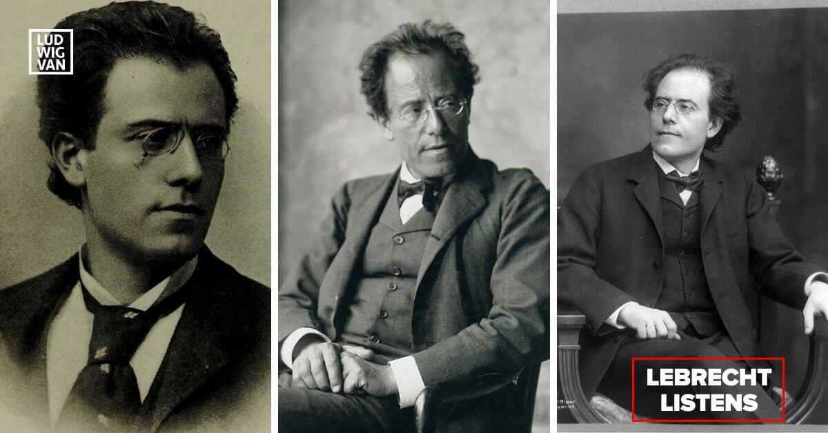 Gustav Mahler x 3 (LR) : En 1893 par E. Bieber (Domaine public) ;  Photographié en 1907 par Moritz Nähr dans le foyer de l'Opéra de Vienne, à la fin de sa période à la direction de l'Hofoper de Vienne (Domaine public) ;  En 1909 (Domaine public, via la Bibliothèque du Congrès)
