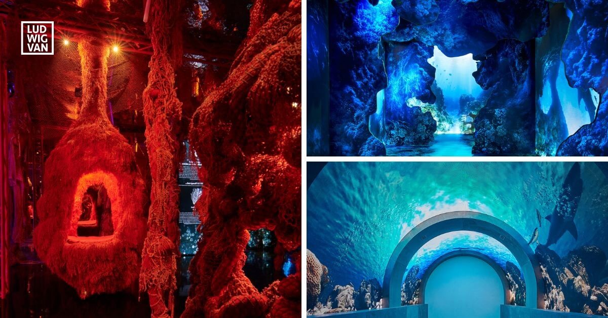 L-R (clockwise): From previous exhibits: Overfishing; LED Tunnel; Water Diorama (Photos courtesy of Arcadia Earth)
