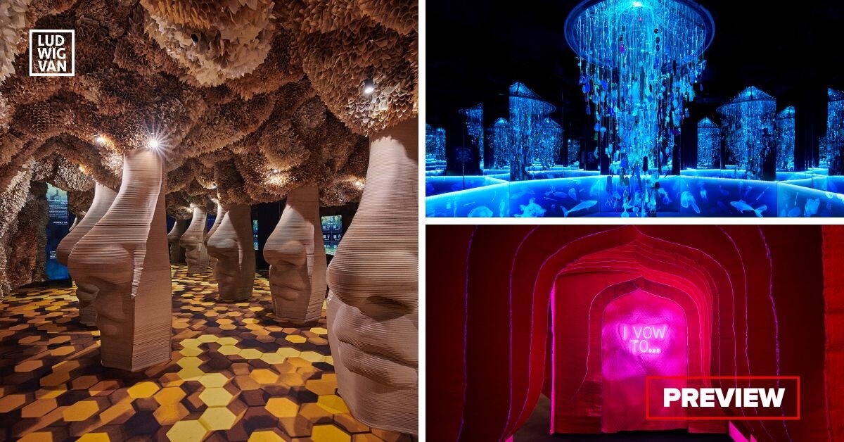 L-R (clockwise): The Scent Room from the Las Vegas exhibit will make its way to Toronto this Fall; From previous exhibits: Single Use Plastics; Vow (Photos courtesy of Arcadia Earth)