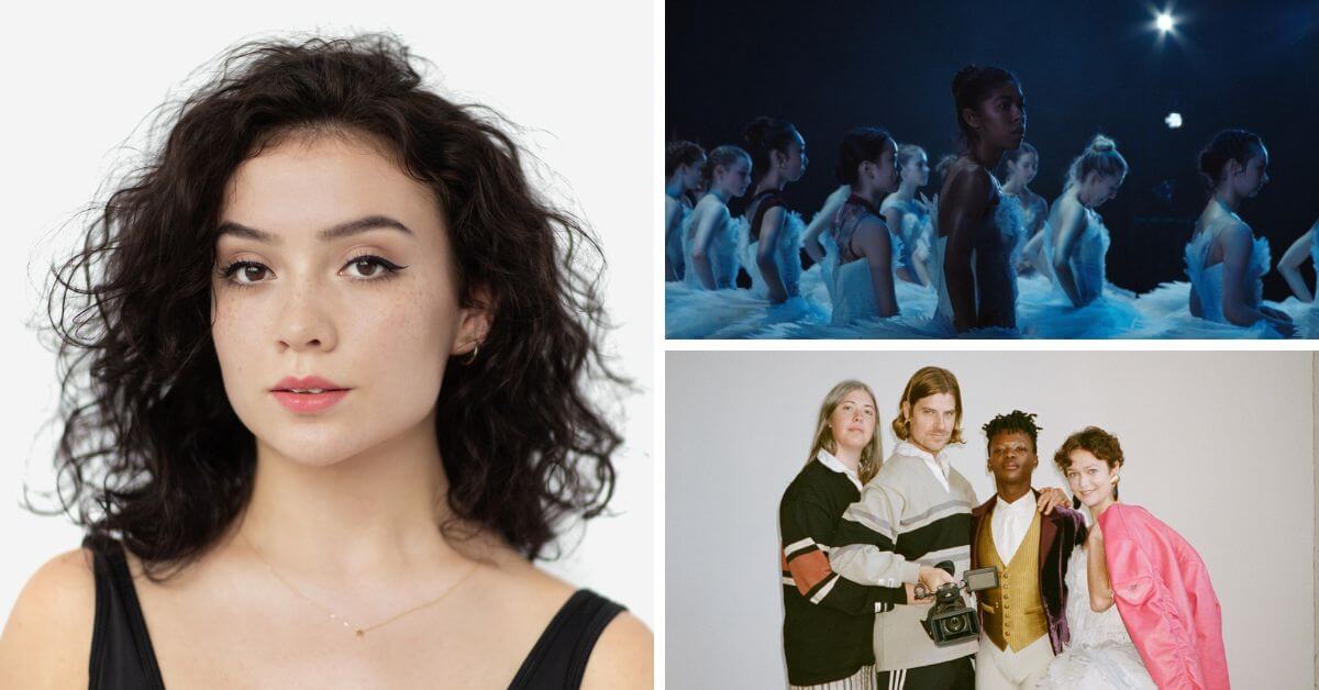 L-R (clockwise): Shaelynn Estrada (Photo: Karolina Kuras, courtesy of the National Ballet of Canada); Tene Ward (centre) and other members of the corps de ballet (Still from the film); Filmmakers Chelsea McMullan and Sean O'Neill with Principal Dancers Siphe November and Jurgita Dronina (Photo: Christopher Sherman)