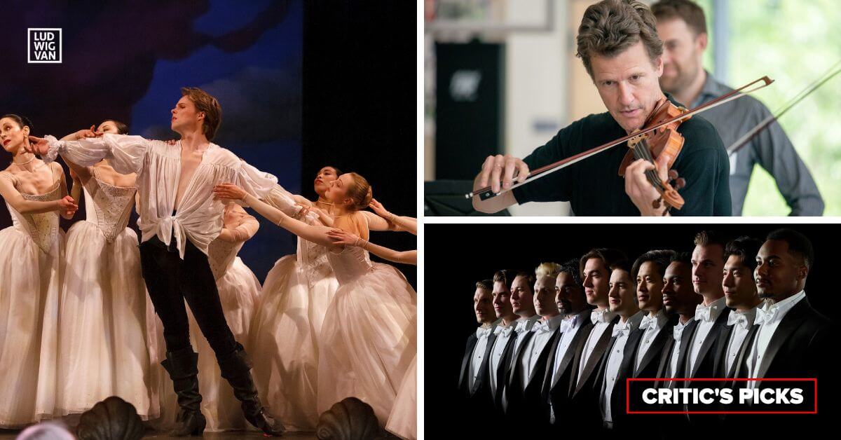 L-R (clockwise): Tenor Colin Ainsworth as Orpheus in Act One of Gluck’s Orpheus and Eurydice (Photo: Bruce Zinger); the late violinist Geoff Nuttall (Photo courtesy of Music Toronto); Chanticleer (Photo courtesy of the RCM)