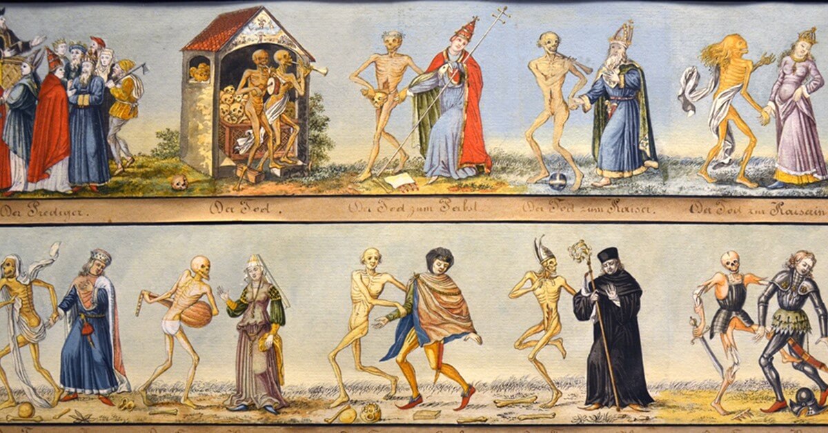 Detail from Danse Macabre of Basel, watercolor copy by Johann Rudolf Feyerabend, 1806 at the Historisches Museum of Basel (Photo: Vassil/Public Domain/CC0 1.0 DEED)