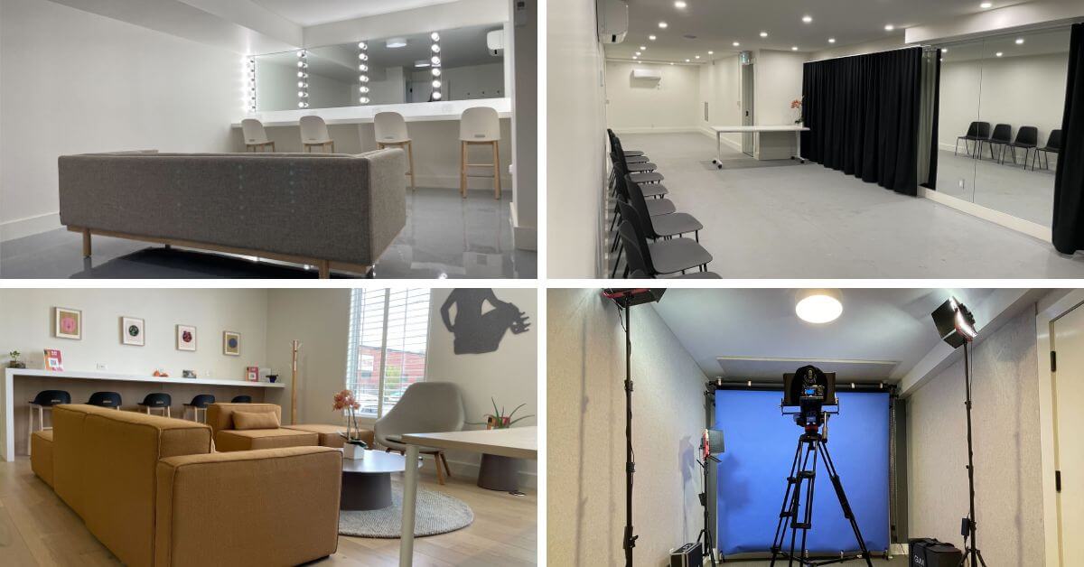 Top row: David Mirvish Rehearsal Space (R) and Green Room (L); bottom row: Jon Kaplan Community Lounge (L) and Self-Tape Studio