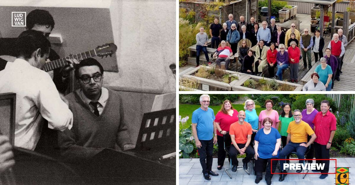 L: Ariel Ramírez recording of Missa Criolla at Odeón Studios on Avenida Córdoba, Buenos Aires in 1964 (Unidentified author, from the AR Collection - Museo del Teatro Municipal 1° de Mayo/public domain); R upper: The Upper Canada Choristers (Photo courtesy of the artists); Cantemos (Photo courtesy of the artists)