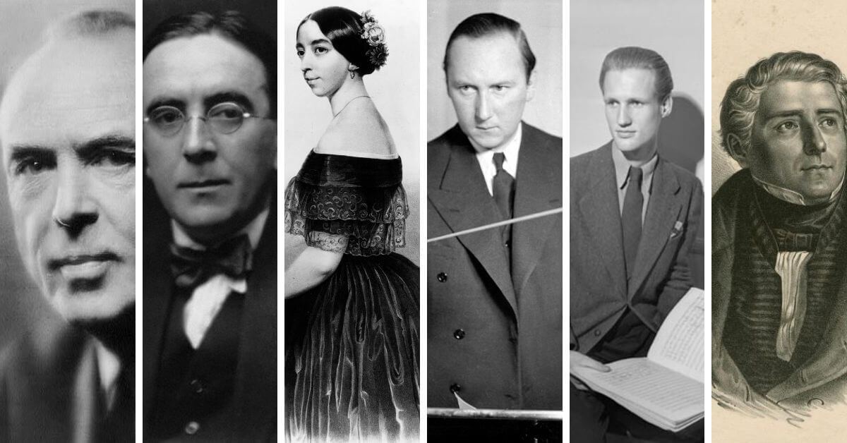 The composers (all public domain images): John Alden; John Nicholas Ireland; Pauline Viardot; Lars-Erik Larsson; Harry Somers; Carl Loewe