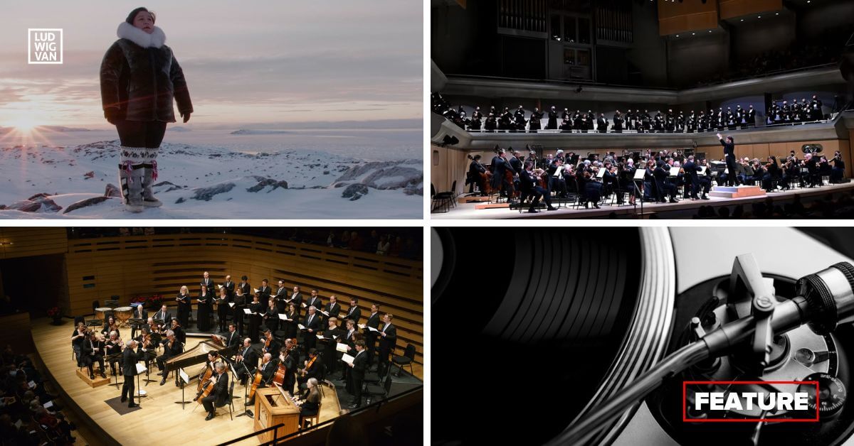 From top left, clockwise: Against the Grain Theatre's Messiah/Complex (Still courtesy of AtG); The Toronto Symphony Orchestra and Toronto Mendelssohn Choir (Photo courtesy of the TSO); Turntable image courtesy of Soundstreams; Tafelmusik (Photo courtesy of Tafelmusik)