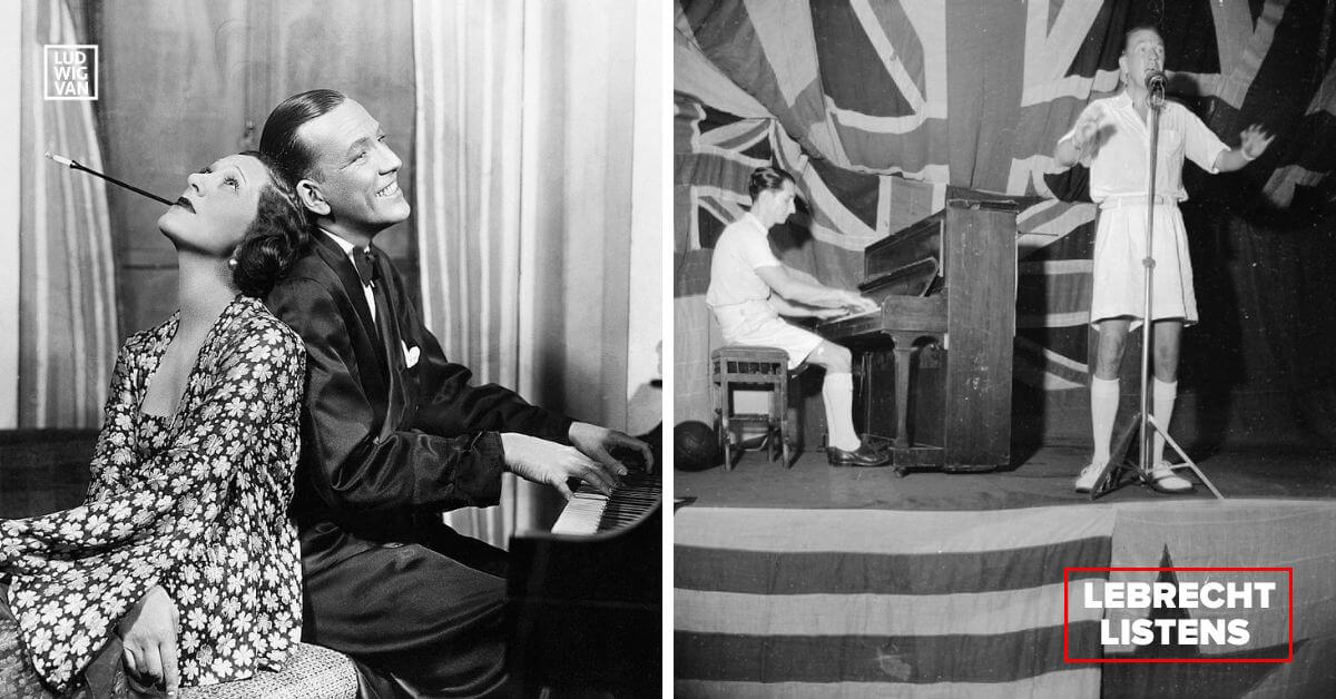 L: Promotional photograph of Gertrude Lawrence and Noel Coward in the Broadway production of Private Lives, 1931 (Public domain); R: Noel Coward Entertains the Men of the Eastern Fleet with Norman Hackforth at the piano, HMS Victorious, Trincomalee, Ceylon, 1 August 1944 (Photo taken by a Royal Navy official photographer/Public domain)