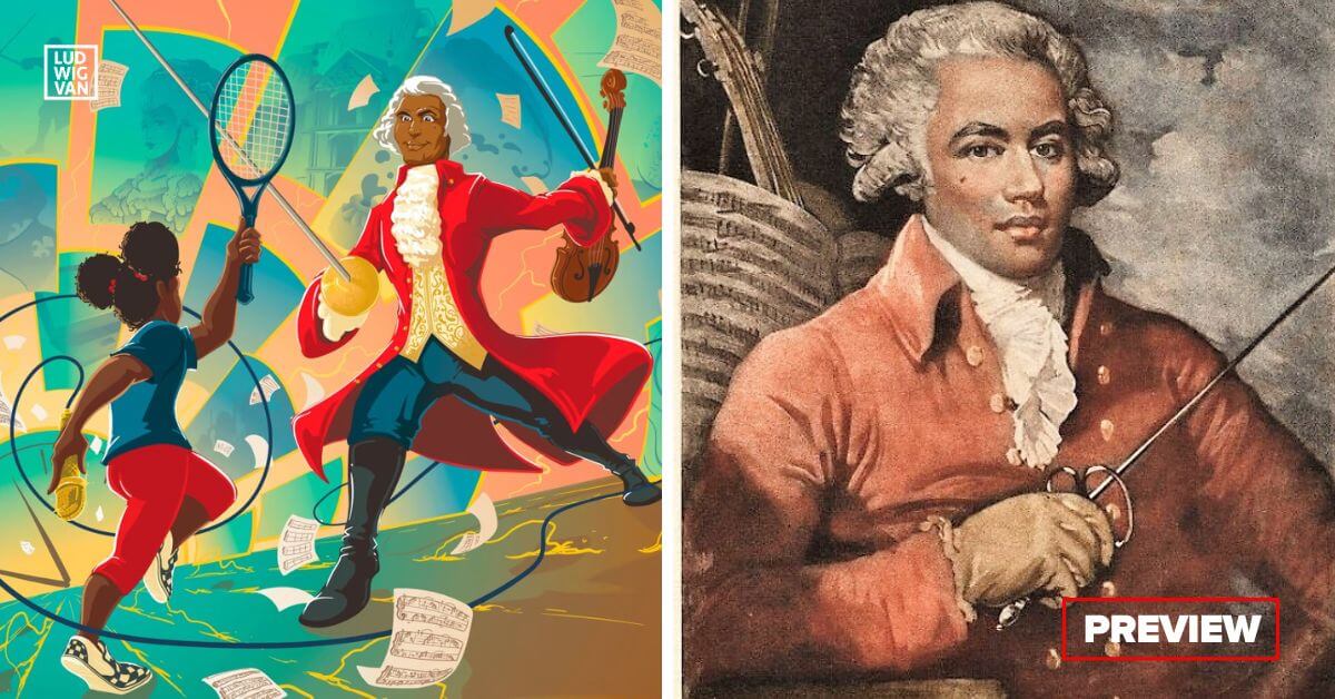 L: Graphic for Saint-Georges’ Sword & Bow (Courtesy of the TSO); R: Joseph Bologne, Chevalier de Saint-Georges (Photo from the New York Public Library Collection/CCO 1.0 Dedication)