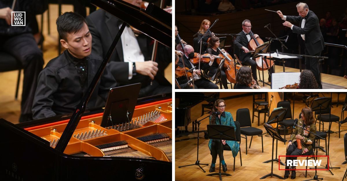 L-R (clockwise): Kevin Ahfat performs with Esprit Orchestra; Alex Pauk conducts Esprit Orchestra; Composer Žibuoklė Martinaitytė with Alexina Louie for the pre-concert chat (All photos courtesy of Esprit Orchestra) 