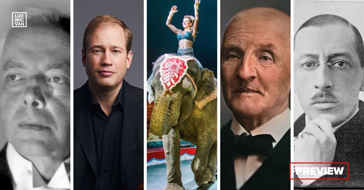 L-R: Béla Bartók (Library of Congress/Public domain); Jonathan Crow (Photo courtesy of the TSO); Circus elephants (Library of Congress/Public domain); Colorized and edited image of Anton Bruckner circa 1880 (Österreichische Nationalbibliothek/CC0 1.0 DEED); Igor Stravinsky in 1937 (Library of Congress/Public domain)