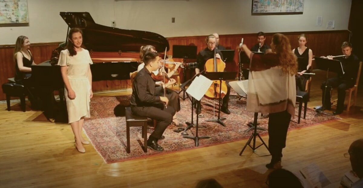 Sara Schabas and Isabelle David perform in 2022 conducted by Barbara Hannigan, with the Equilibrium Young Artists ensemble at the Lunenburg Academy of Music (Photo courtesy of the artists)