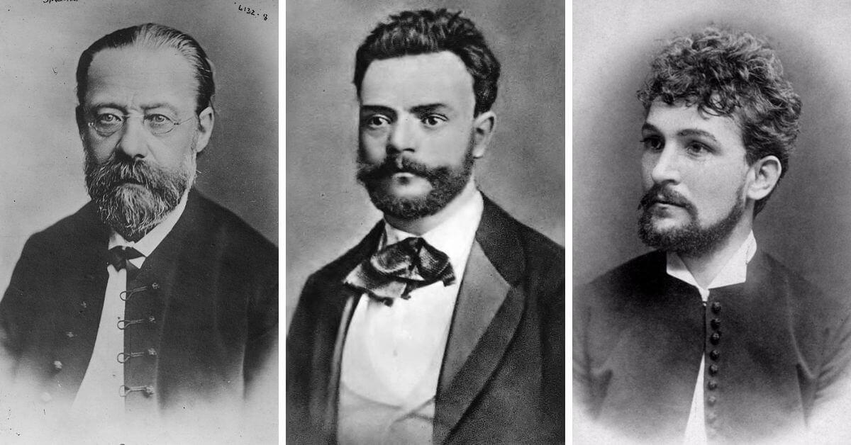 L-R: Bedřich Smetana (Bain News Service, 1/1/1900; Library of Congress/Public Domain); Antonín Dvořák in 1882 (Photographer unknown/Public domain); Leóš Janáček in 1882 (Photographer unknown/Public domain)