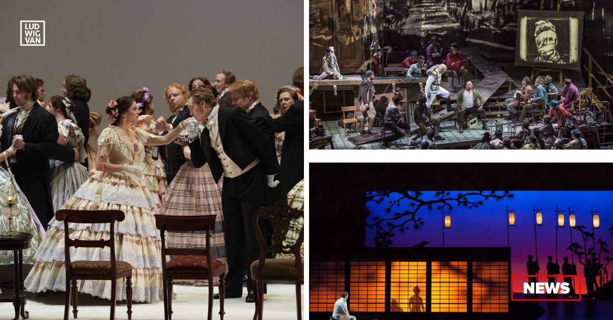 L-R clockwise: Joyce El-Khoury (centre) as Tatyana and Gordon Bintner as Eugene Onegin in the Canadian Opera Company’s production of Eugene Onegin, 2018, (Photo: Michael Cooper); A scene from Wozzeck, Salzburg Festival, 2017, (Photo: Ruth Walz); Alexey Dolgov (left) as Pinkerton in Houston Grand Opera’s production of Madama Butterfly, 2015, (Photo: Lynn Lane)