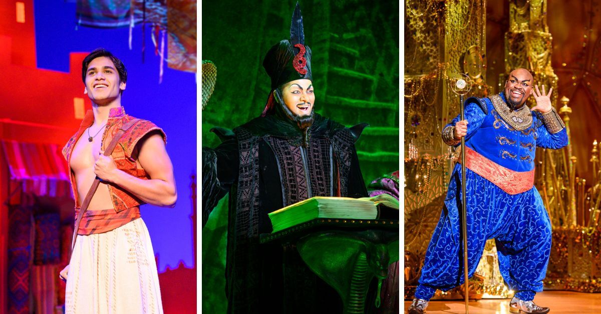 L-R: Adi Roy (Aladdin) in the North American Tour of Aladdin; Anand Nagraj (Jafar) and Aaron Choi (Iago) in the North American Tour of Aladdin; Marcus M. Martin (Genie) in the North American Tour of Aladdin. (All photos by Deen van Meer)