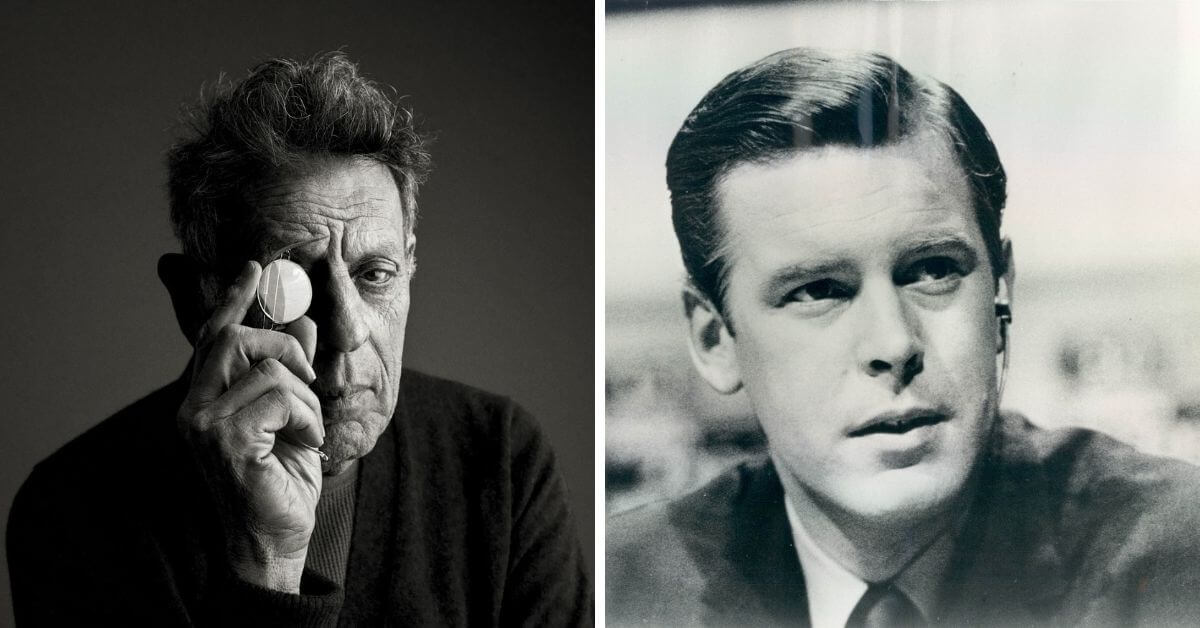 L-R: Philip Glass (Photo: Andreas Bitesnich); Journalist & News Anchor Peter Jennings in a Promotional image for ABC News in 1968 (Unknown/Public domain)