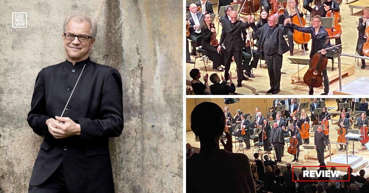 L: Osmo Vänskä (Photo: Lisa Marie Mazzucco); R: Composer Detlev Glanert and cellist Johannes Moser take a bow with the Toronto Symphony Orchestra (Photo: Arthur Kaptainis)