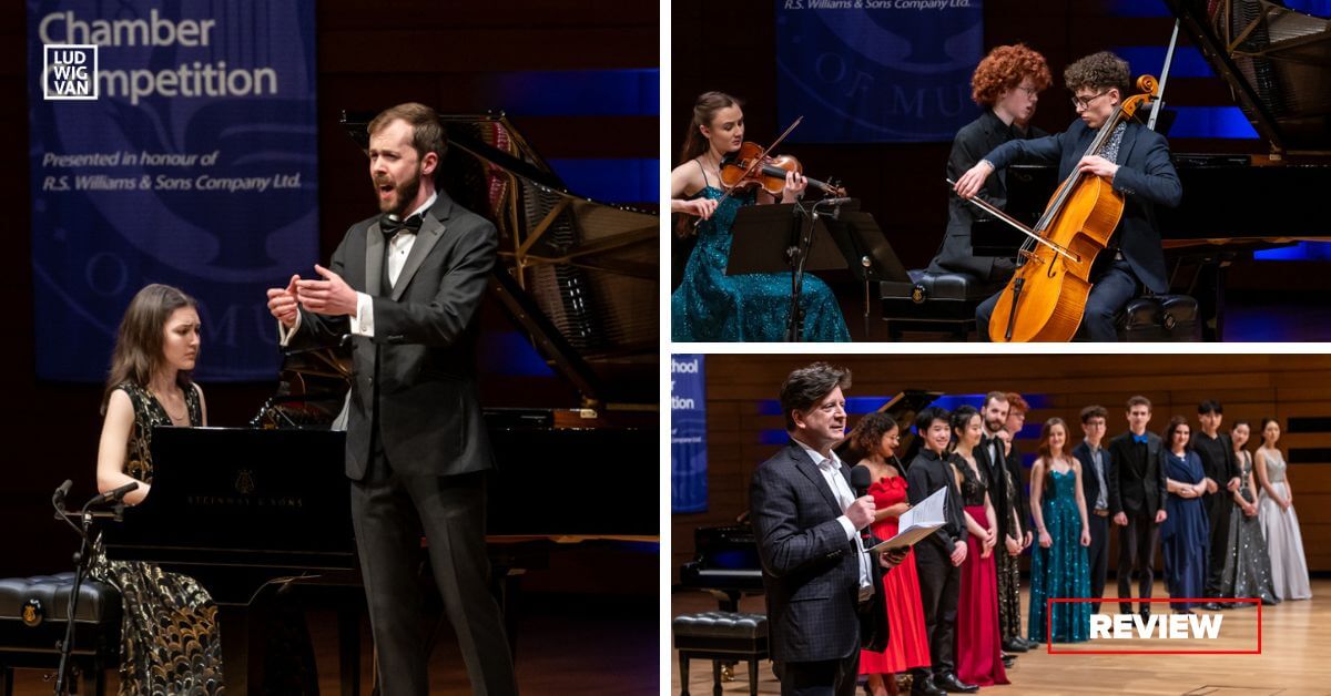 L-R (clockwise): Baritone Colin Mackey and pianist Karmen Grubisic; The Morningside Trio - piano (Henry From), cello (David Liam Roberts) and violin (Anna Stube); Associate Dean & Director of Chamber Music at the Glenn Gould School Barry Schiffman on stage with all the competitors (Photos courtesy of the Glenn Gould School)
