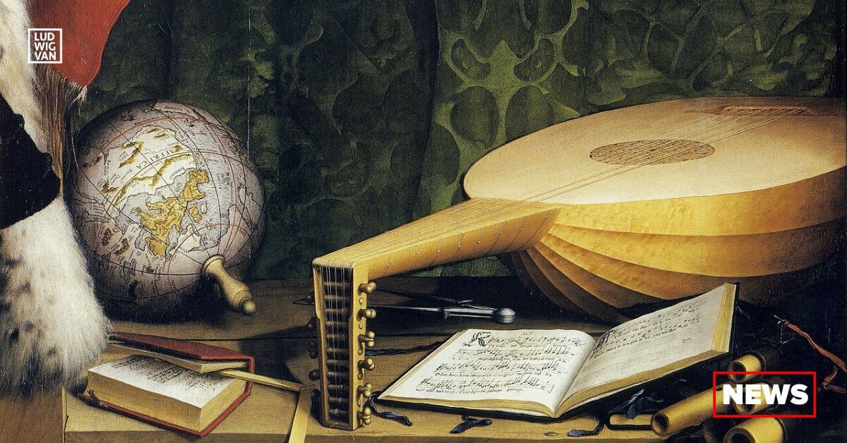 A lute and music in a painting by Hans Holbein the Younger, Detail of Double Portrait of Jean de Dinteville and Georges de Selve, called The Ambassadors, (1533) oil and tempera on oak wood, National Gallery, London (Public domain)