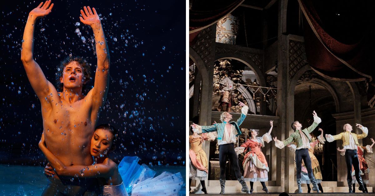 L: Tenor Thomas Macleay with Artist of Atelier Ballet dancer Juri Hiraoka in Opera Atelier’s Acis and Galatea (Photo: Bruce Zinger); R: Artists of Atelier Ballet in Charpentier’s David and Jonathan at the Royal Chapel of Versailles, 2022. (Photo: Agathe Poupeney)