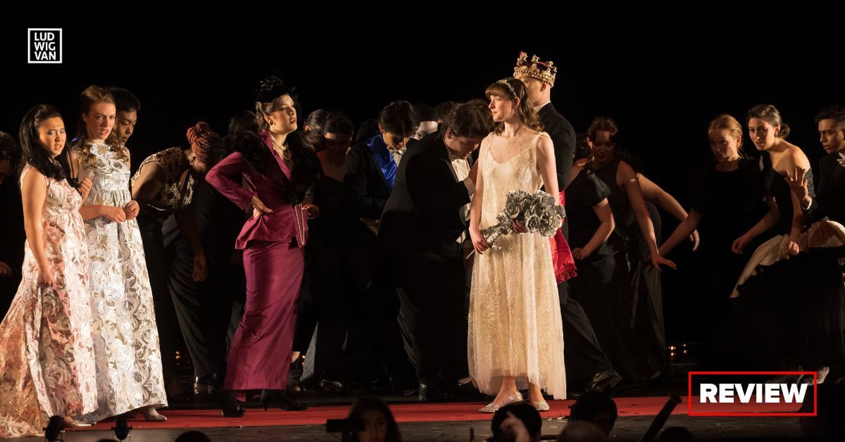 From the University of Toronto Opera production: Cendrillon at the ball: Chihiro Yasufuku, Jordana Goddard, Kcenia Koutorjevski, Ellita Gagner (Photo: Richard Lu)