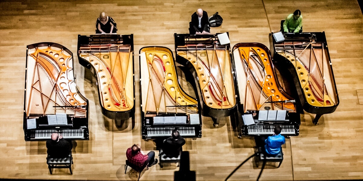 Image of six pianists (Photo: Trevor Haldenby, courtesy of Soundstreams)
