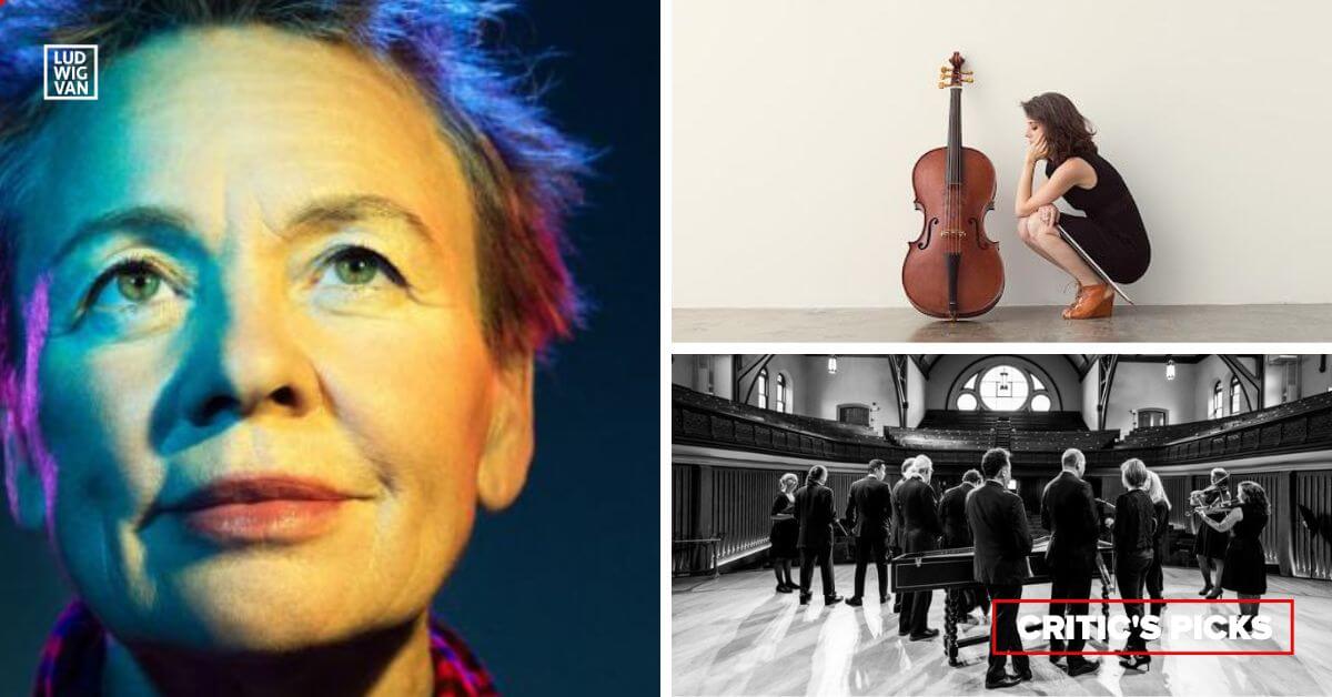 L-R (clockwise): Laurie Anderson (Photo courtesy of the RCM); cellist Elinor Frey (Photo courtesy of the artist); Tafelmusik (Photo courtesy of Tafelmusik)