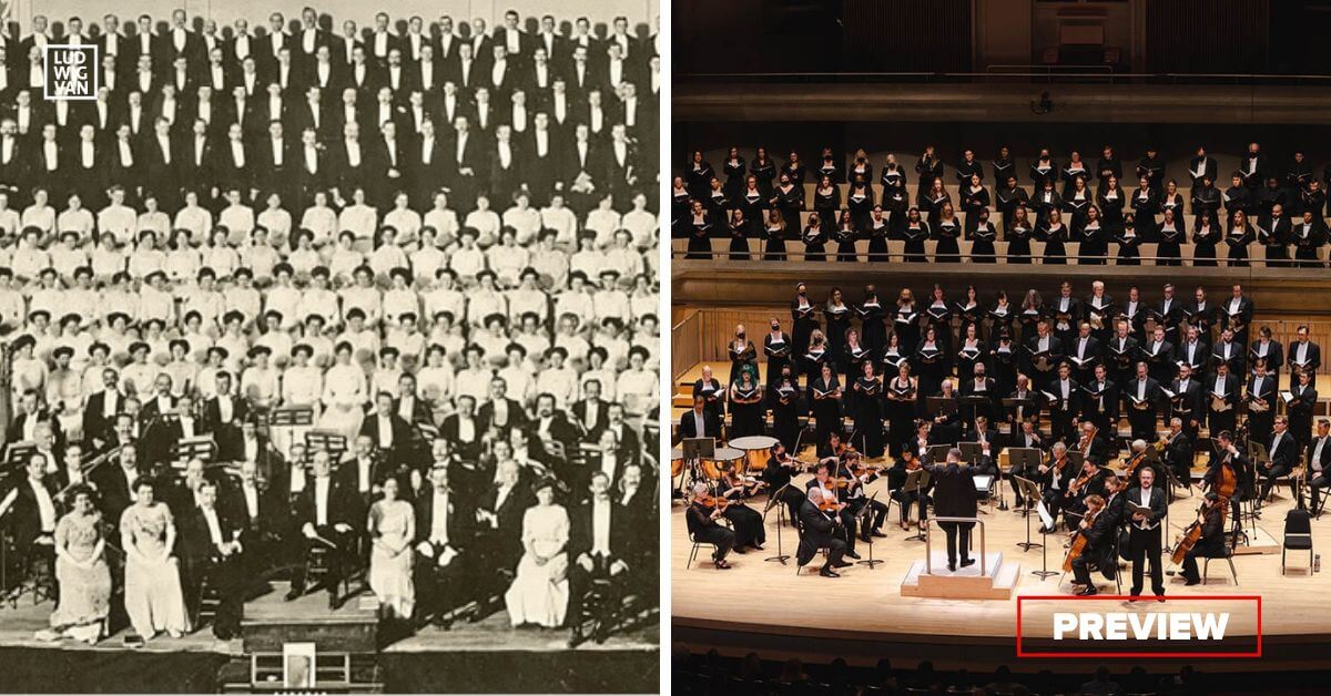 The Toronto Mendelssohn Choir in 1911 (courtesy of the TMChoir Archives); Jean-Sébastien Vallée conducts TMChoir (Photo: Taylor Long)