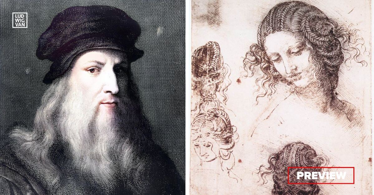 L-R: Leonardo Da Vinci (Colourized/Public domain); Study for the head of Leda (c. 1506-1508) by Leonardo Da Vince (From the Royal Library, Windsor/Public domain)