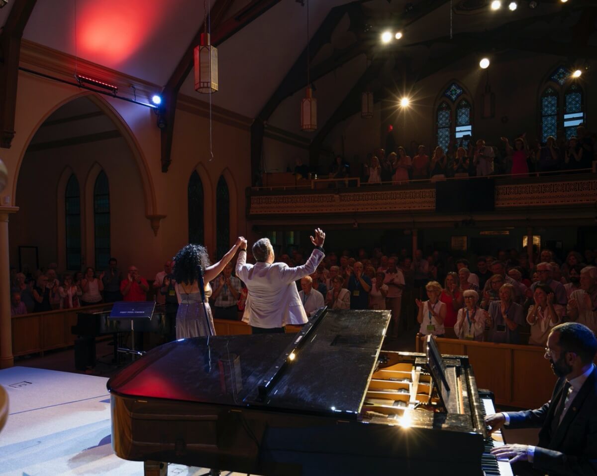 A standing ovation for the grand finale concert - L-R: Mezzo-soprano Julie Nesrallah, baritone Gino Quillico and pianist Dominic Boulianne at First Presbyterian Church at the Collingwood Music Festival 2024 (Photo: Tjalling Photography) 