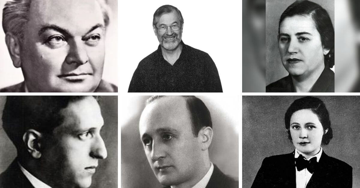 Composers: L-R (top): Georgi Zlatev-Cherkin; Srul Irving Glick; Gayane Chebotarian; (bottom): Pavel Haas; Fikret Amirov; Vítězslava Kaprálová