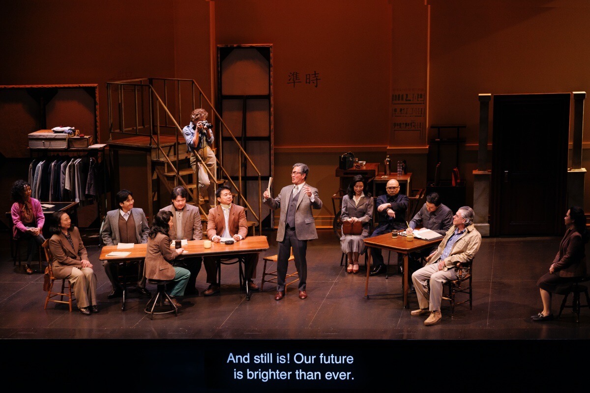 Adrian Pang 彭耀順 as Ying Ruocheng (centre) with members of the company in Salesman in China. Stratford Festival 2024 (Photo: David Hou)