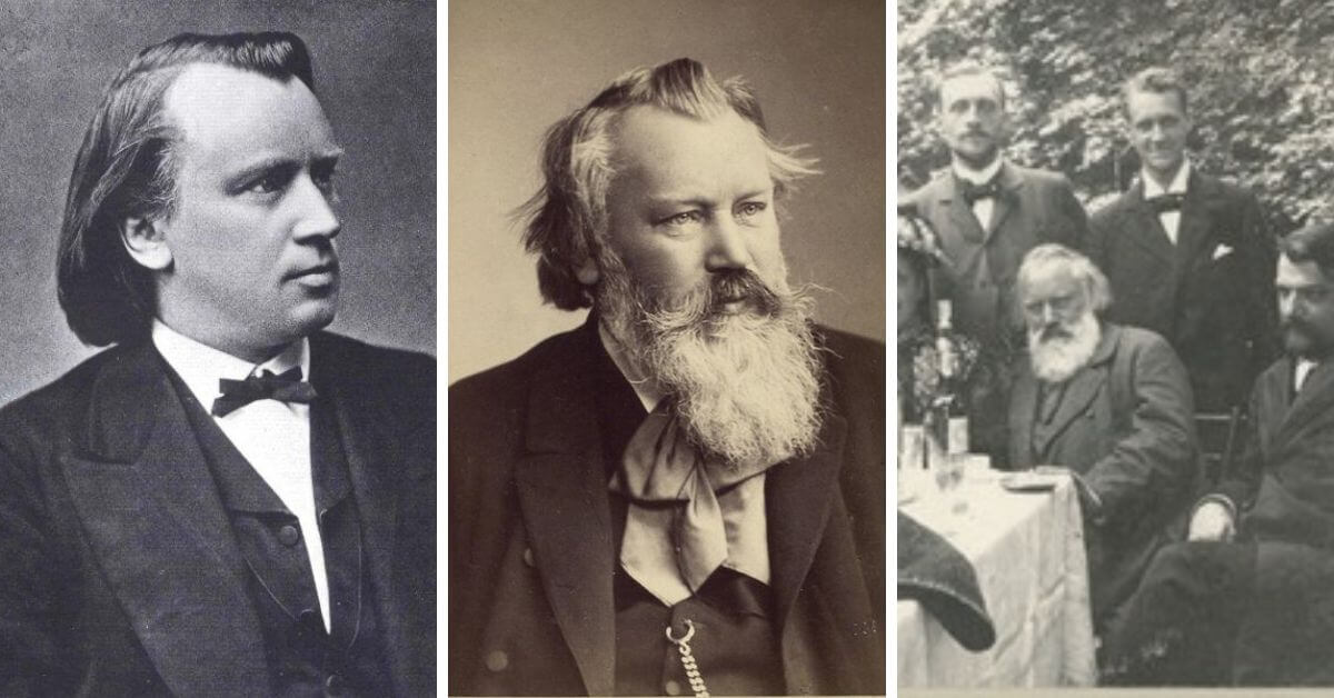 Johannes Brahms in 1870 (Unknown artist / Public domain); Johannes Brahms in 1889 (New York Public Library Archives / Public domain); Photograph of Johannes Brahms with the Fellinger family, July 15, 1896 (Deutsche Digitale Bibliothek / Public domain)