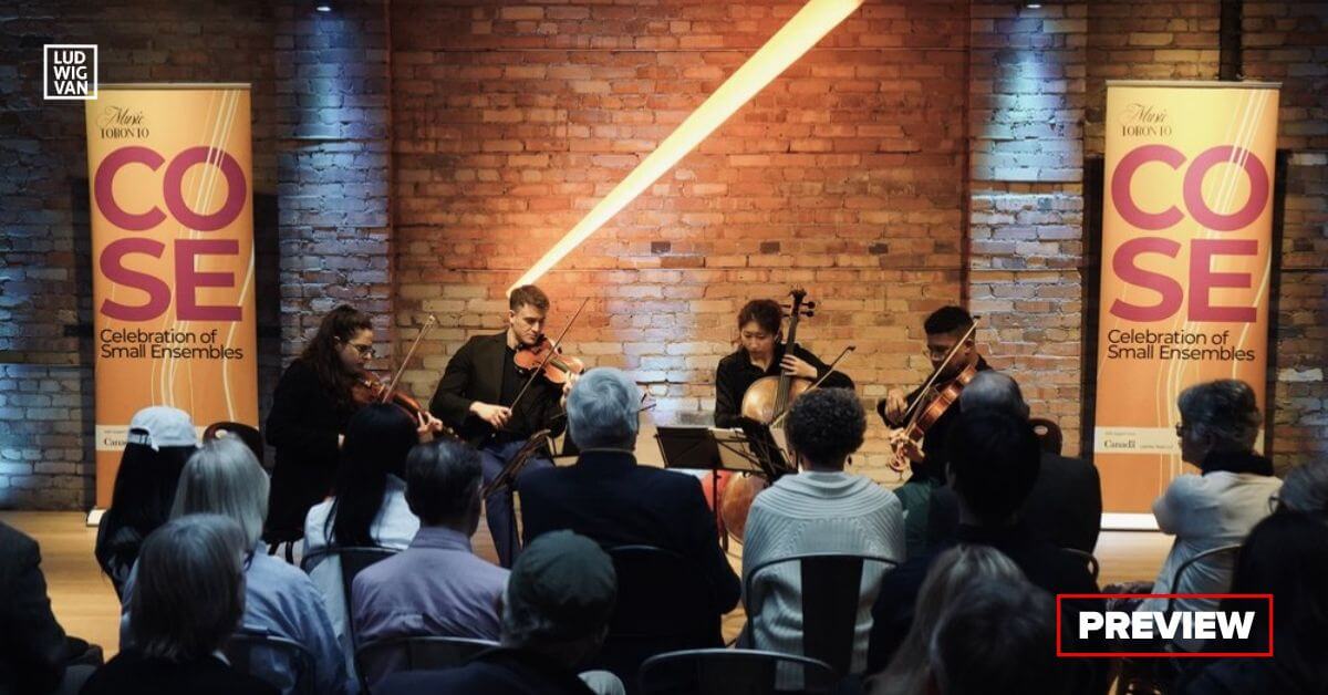 A string quartet performs in front of an audience at Music Toronto's Celebration of Small Ensembles (Photo courtesy of COSE)