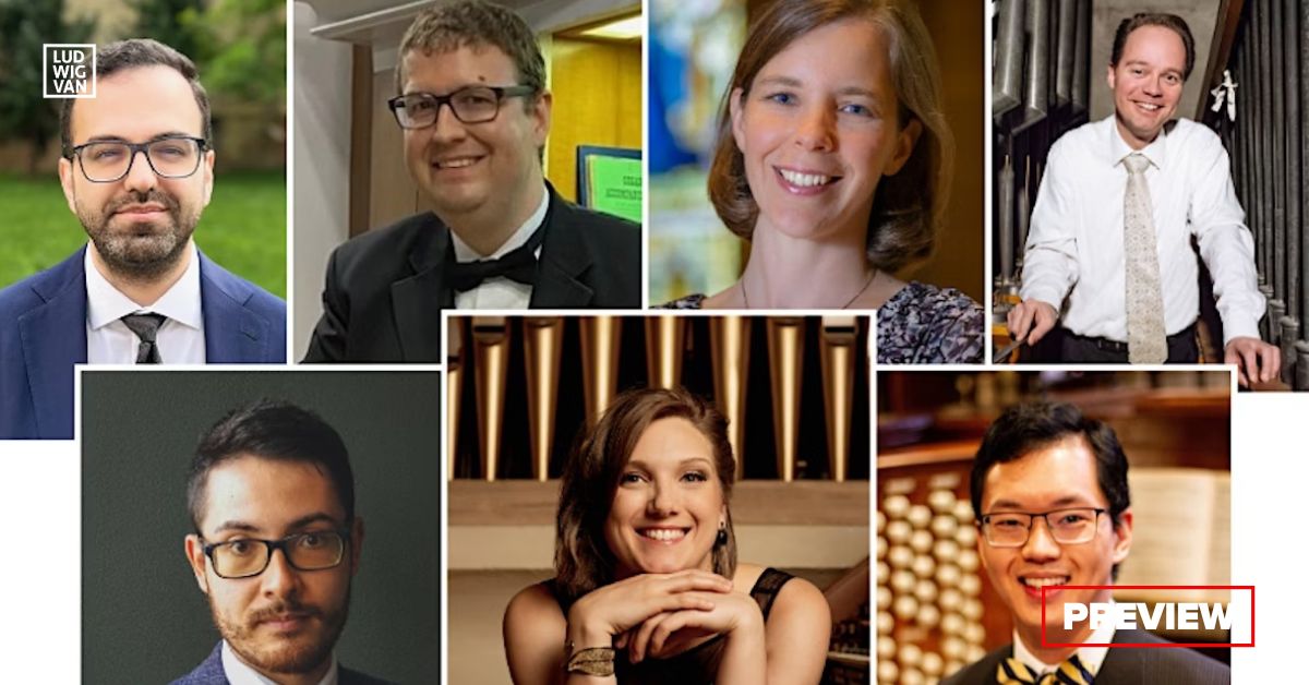 Concert organists L-R top row: John Paul Farahat; Aaron James, Anne Laver, Jonathan Oldengarm; bottom row: David Simon; Sarah Svendsen; Aaron Tan (Photos courtesy of the artists)