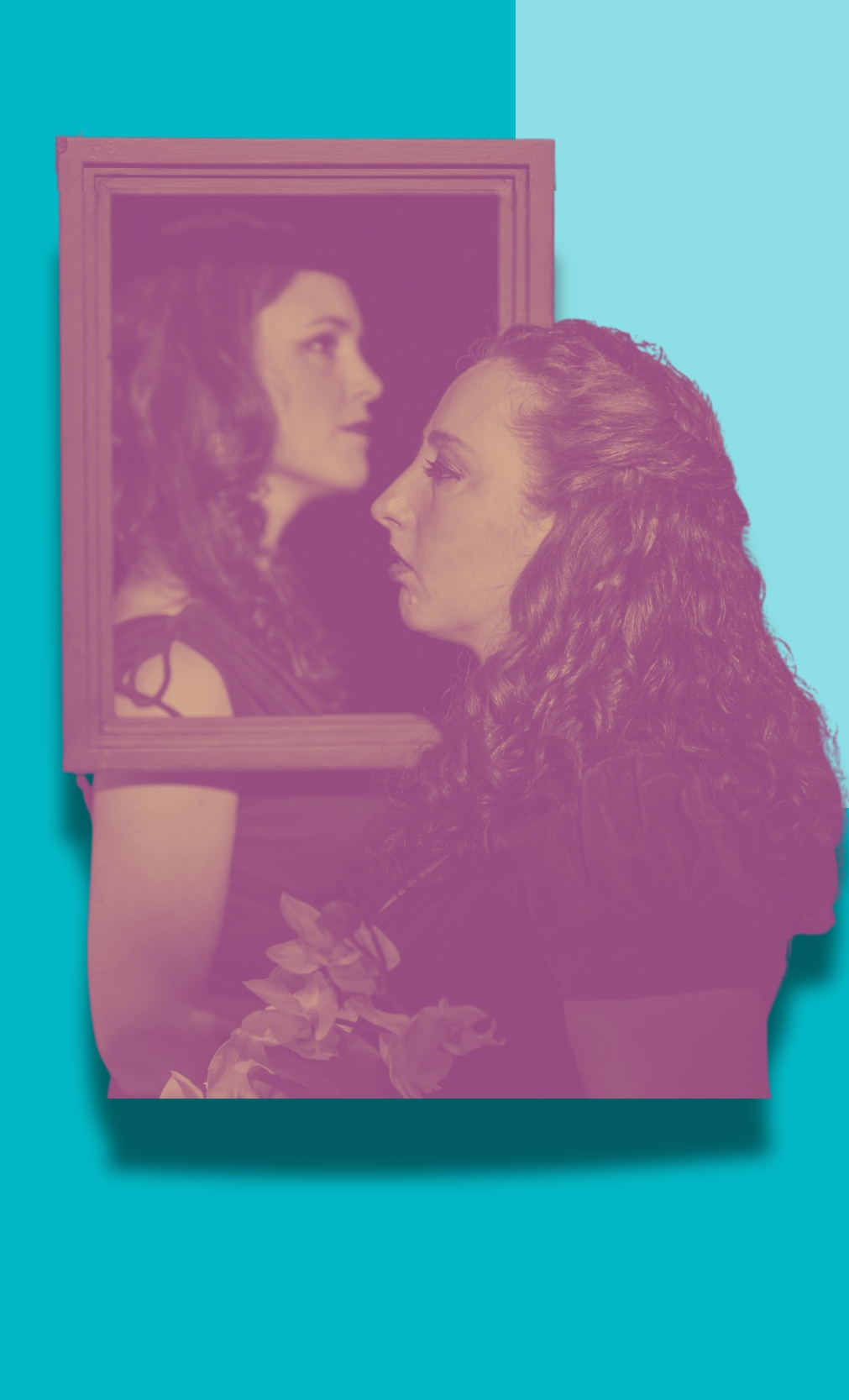 Opera 5 - graphic for the chamber opera Come Closer with a young woman looking in a mirror at another woman