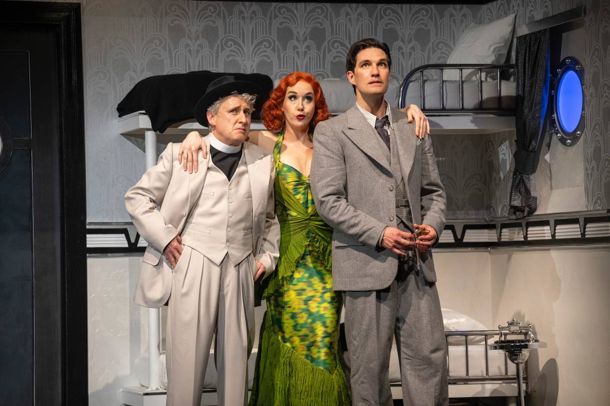 Michael Therriault as Moonface Martin, Kristi Frank as Erma Latour and Jeff Irving as Billy Crocker in Anything Goes (Shaw Festival, 2025) (Photo: David Cooper)