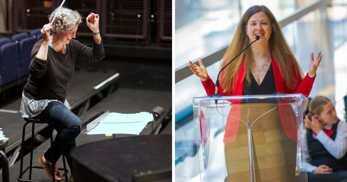 L: Teri Dunn conducts the Canadian Children's Opera Company in The Hobbit in 2016 (Photo: Negar Khalvati); R: Katherine Semcesen, Executive Director of the CCOC (Photo: Karen Reeves)