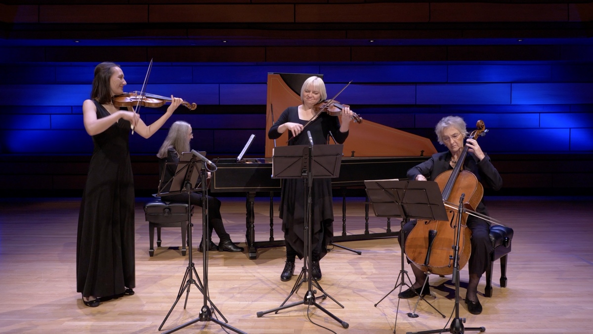 Recording session for the Dear Jeanne album, with violinists Yolanda Bruno and Julia Wedman, cellist Christina Mahler, and harpsichordist Charlotte Nediger at The Isabel Bader Centre for the Performing Arts in Kingston, Ontario (Photo courtesy of the artists)