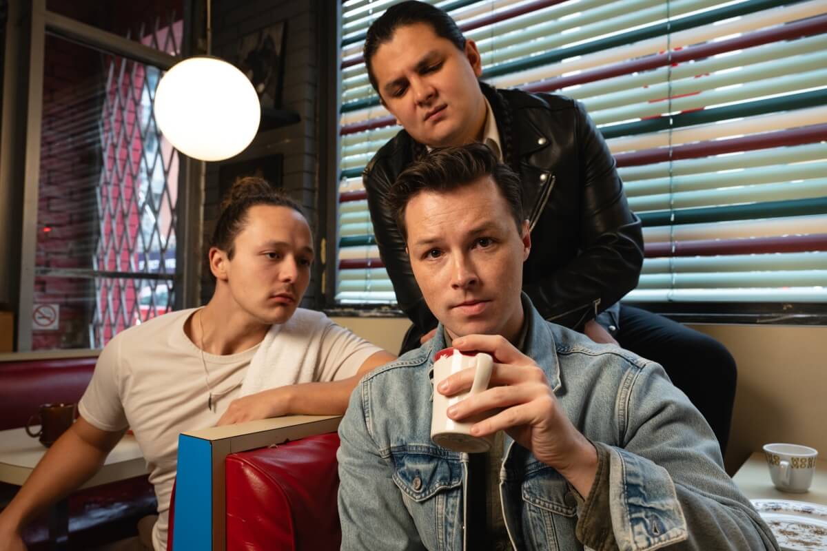 Actors Vinnie Alberto, Dillan Meighan Chiblow and John Wamsley in Rez Gas (Photo: Sam Moffatt)