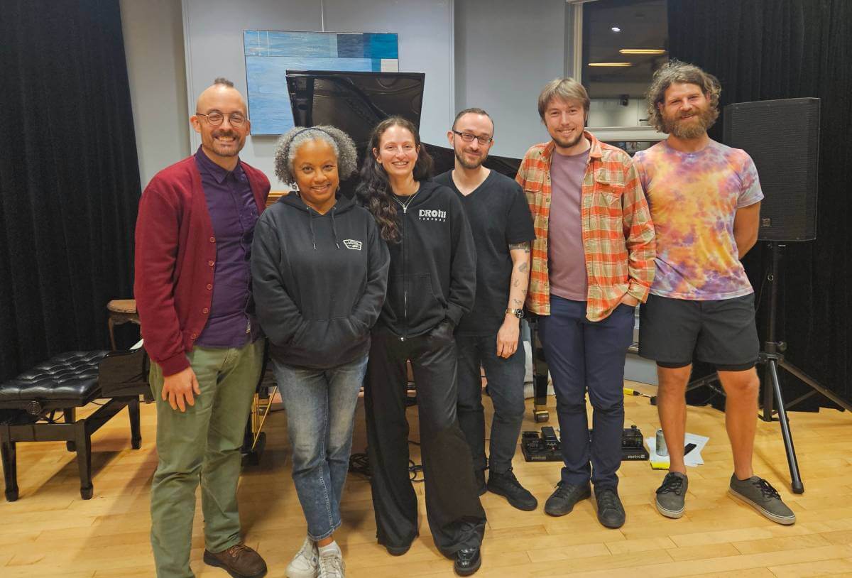 Toronto composers (L-R): Greg Bruce; Keisha Bell; Samantha Selci; Andrew Noseworthy; Tristan Ziba; Nolan Hildebrand (Photo courtesy of Slow Rise Music)